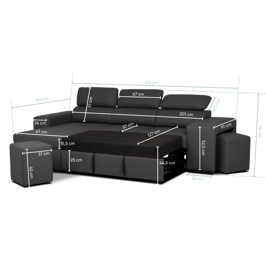 Sofá cama 4 plazas con chaise longue y cabeceros regulables + 2 pufs - John