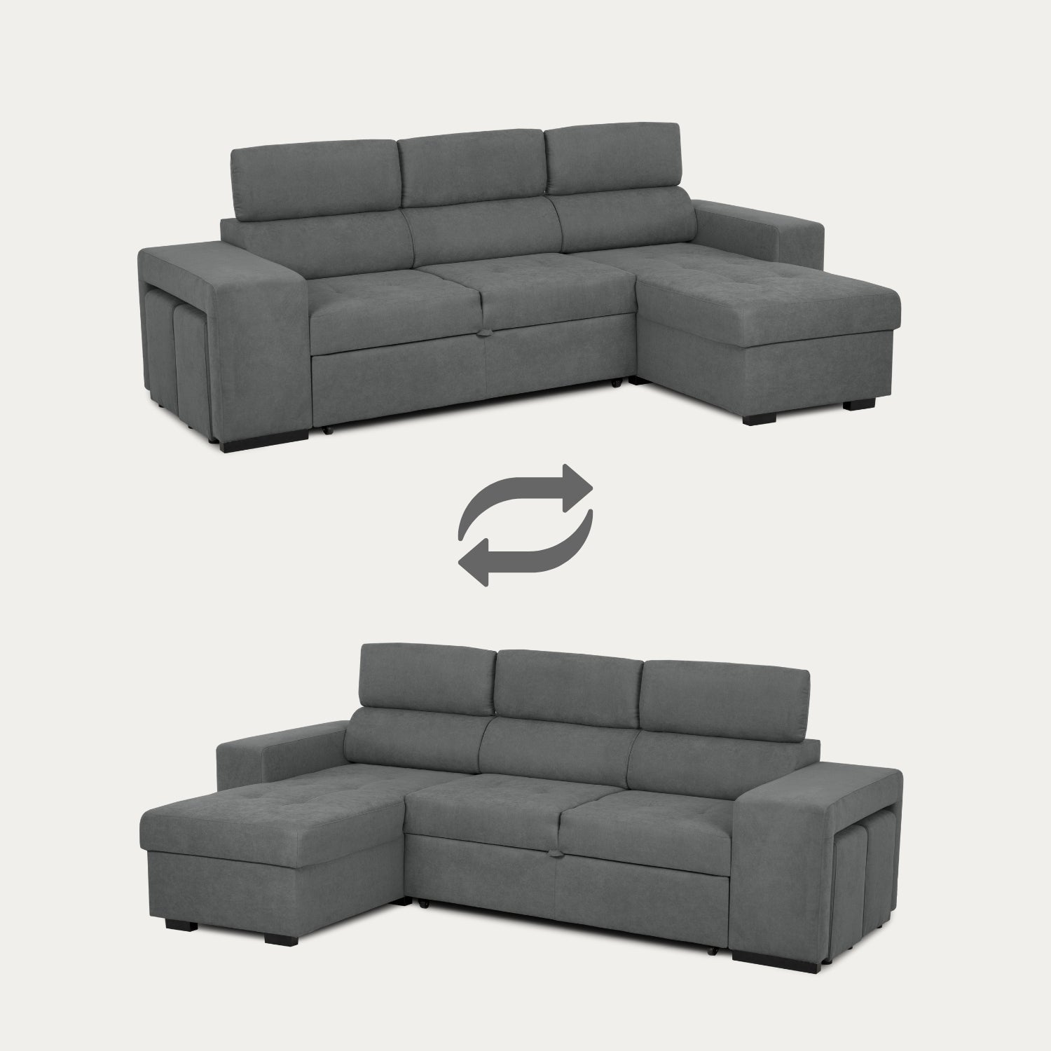 Sofá cama 4 plazas con chaise longue y cabeceros regulables + 2 pufs - John