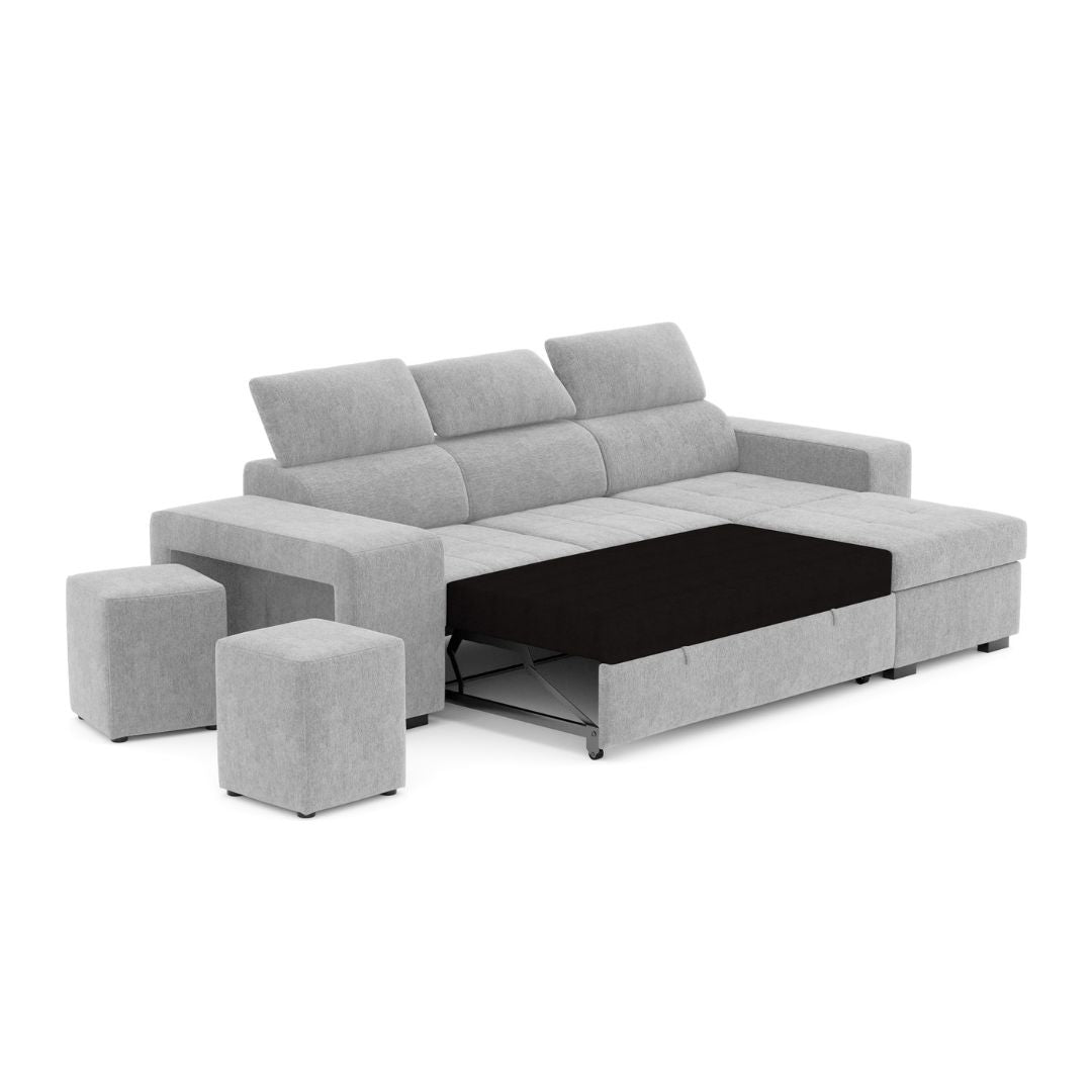 Sofá cama 4 plazas con chaise longue y cabeceros regulables + 2 pufs - John