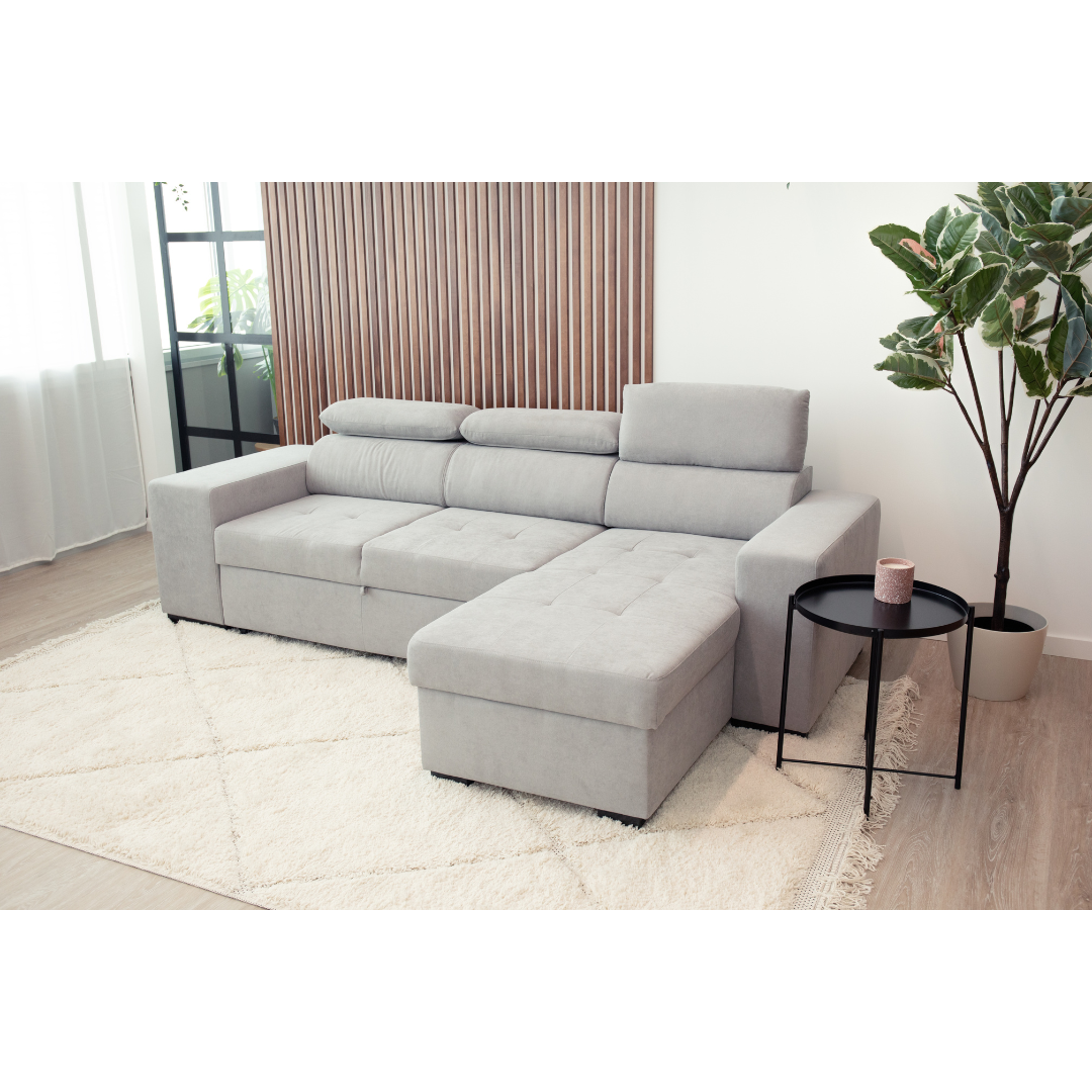 Sofá cama 4 plazas con chaise longue y cabeceros regulables + 2 pufs - John