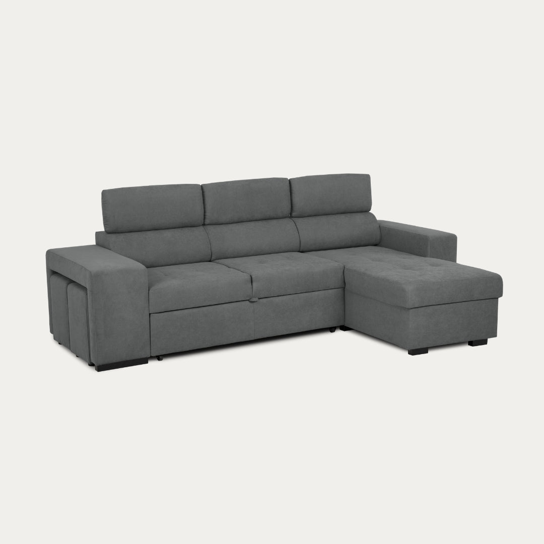 Sofá cama 4 plazas con chaise longue y cabeceros regulables + 2 pufs - John