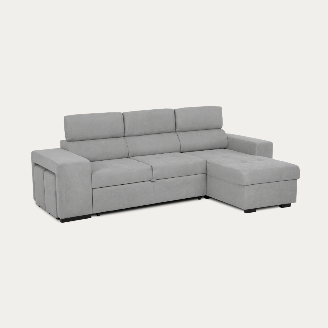 Sofá cama 4 plazas con chaise longue y cabeceros regulables + 2 pufs - John